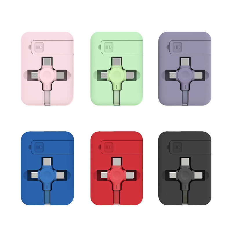4 in 1 Retractable USB Cable Creative Macaron Type C Micro Cable for I Phone with Phone Stand Charging Data Cable Line Storage Box